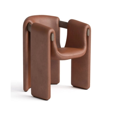 Modern sculptural fabric armchair with minimalist wooden frame design for contemporary living rooms.