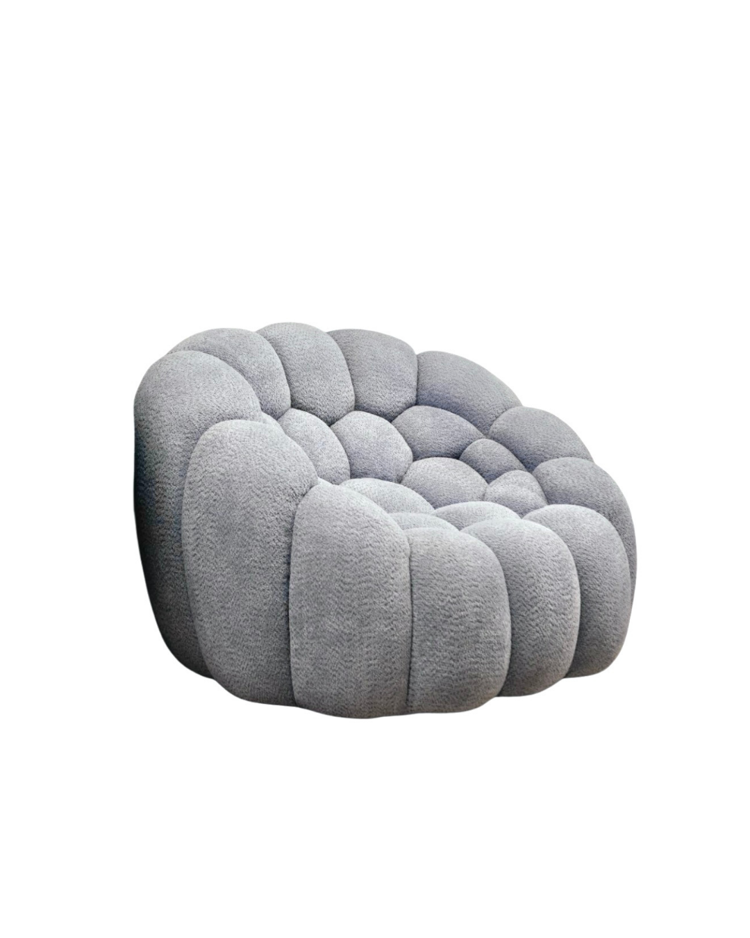 Grey bubble lounge chair with cloud-like tufted design for modern living room decor by Mahogni.