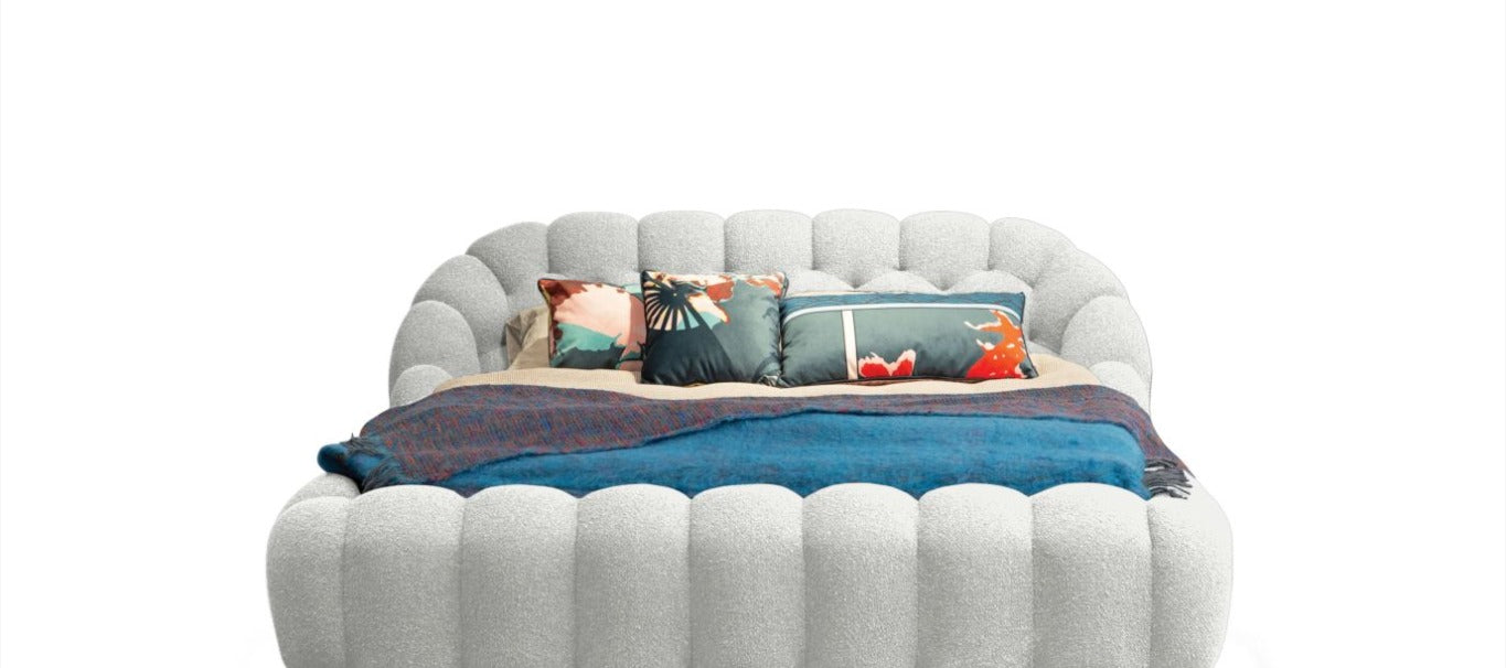 Luna Modern Puffy Platform Bed in Cream Bouclé Fabric - Mahogni
