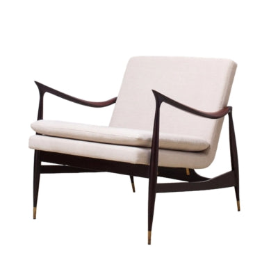 Mid-century modern accent chair with walnut wood frame and white cushions by Mahogni