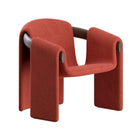 Modern sculptural fabric armchair with minimalist wooden frame design for contemporary living rooms.