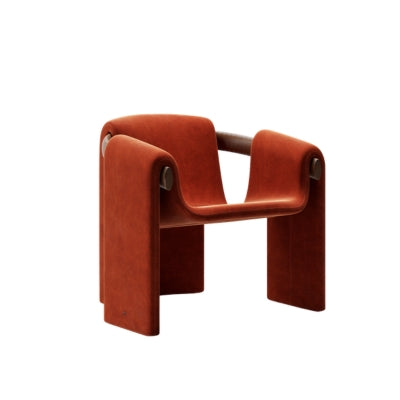 Modern sculptural fabric armchair with minimalist wooden frame design for contemporary living rooms.