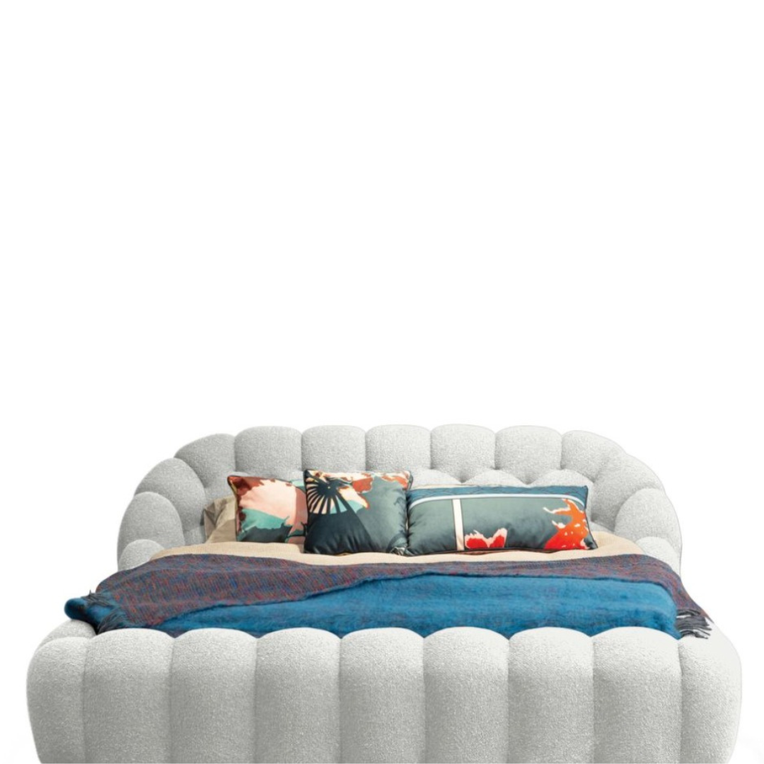Luna Modern Puffy Platform Bed in Cream Bouclé Fabric - Mahogni