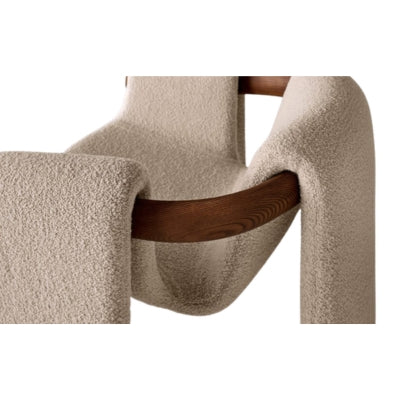 Close-up of a textured beige chair with wooden armrests on a white background