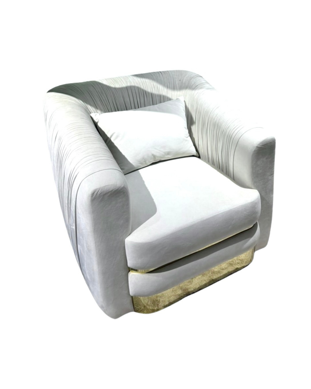 Luxury off white pleated velvet accent chair with wide gold metal base and plush pillow by Mahogni.