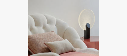 Contemporary Bedroom Interior with Bouclé Puffy Bed and Textured Decor