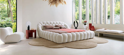 Contemporary Bedroom Interior with Bouclé Puffy Bed and Textured Decor