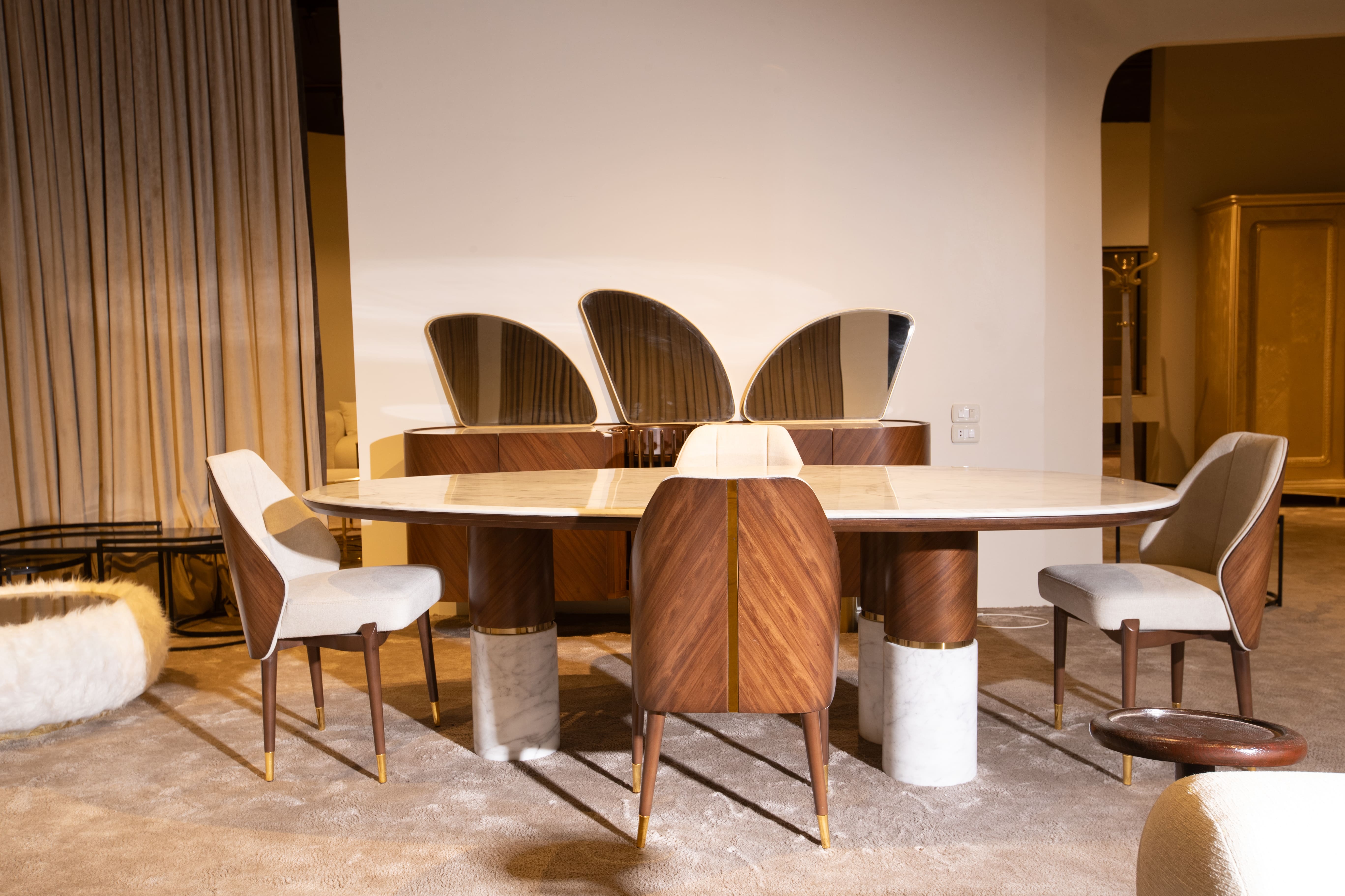 Full Melt dining room set including marble table, 8 chairs, buffet, and mirrors by Mahogni.