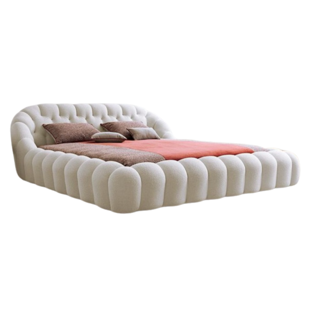 Luna Modern Puffy Platform Bed in Cream Bouclé Fabric - Mahogni
