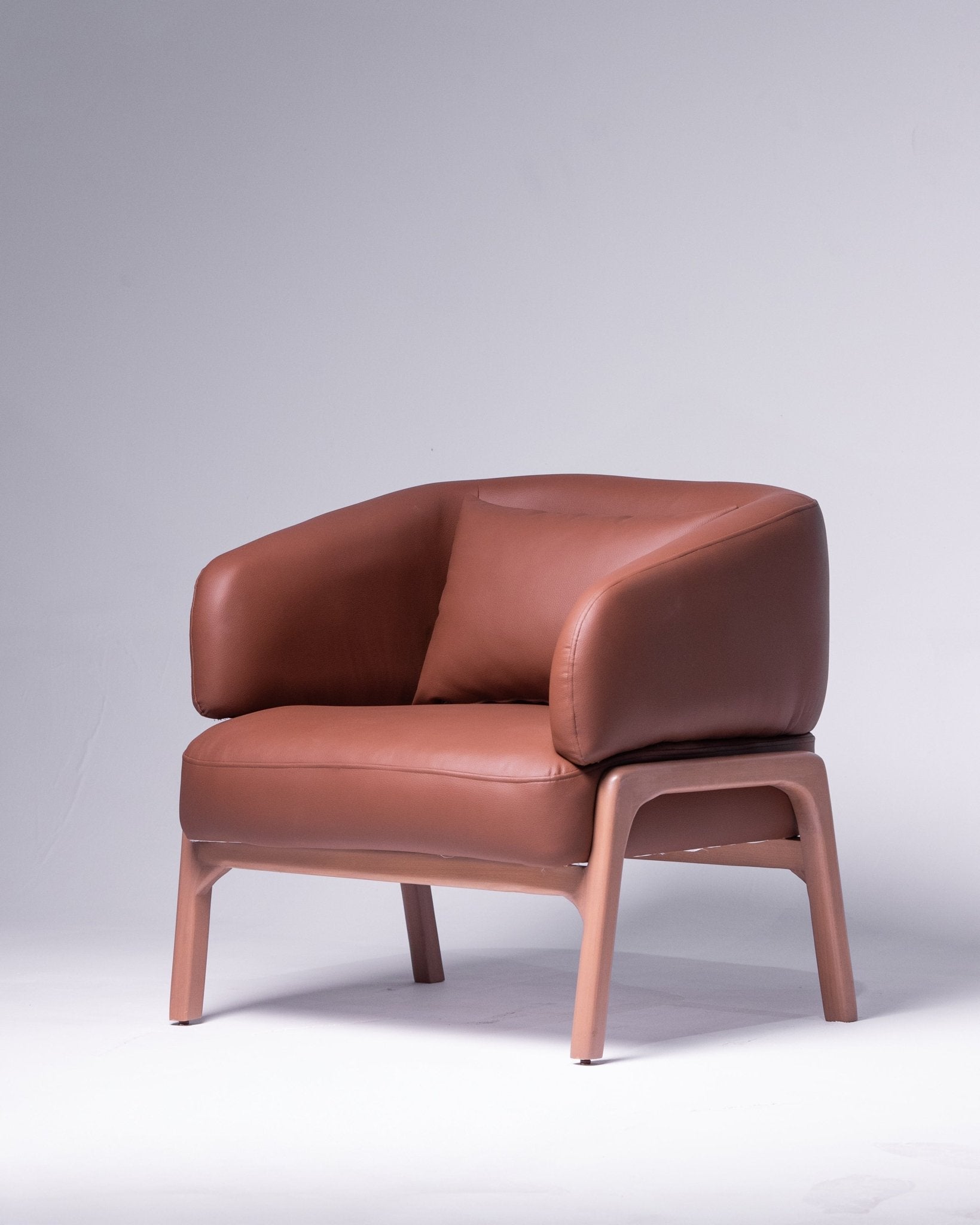 Modern rich brown leather lounge armchair with a supportive wooden frame by Mahogni