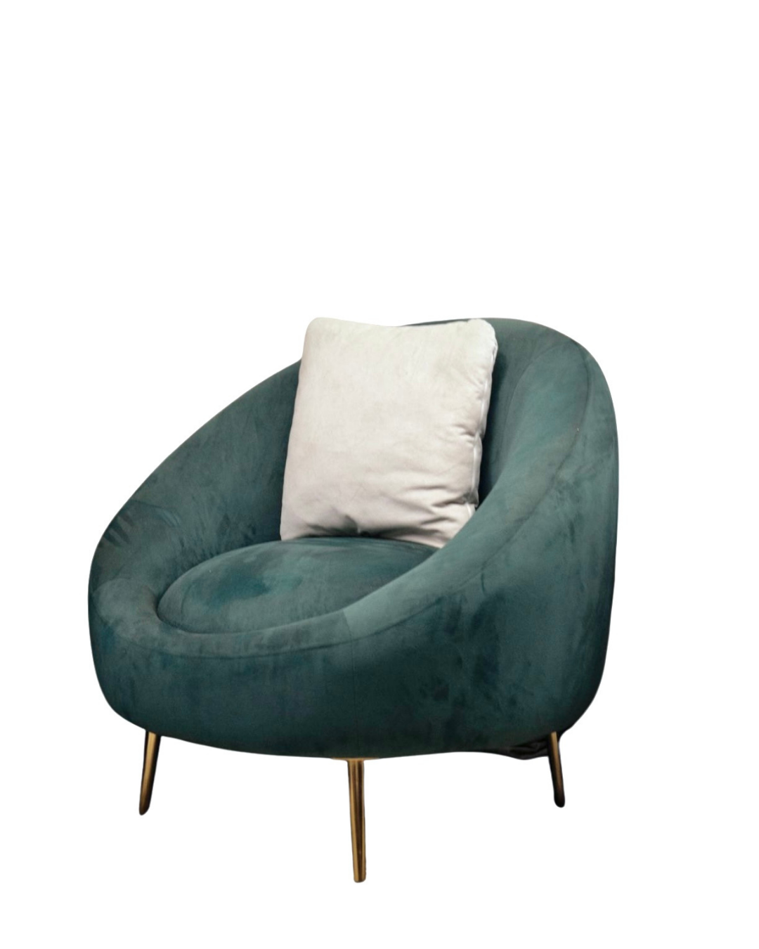 Luxury teal velvet round accent chair with gold metal legs and white pillow for modern home decor by Mahogni.
