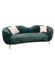 Luxury Serene curved teal velvet sofa with gold metal base and accent pillows by Mahogni furniture.