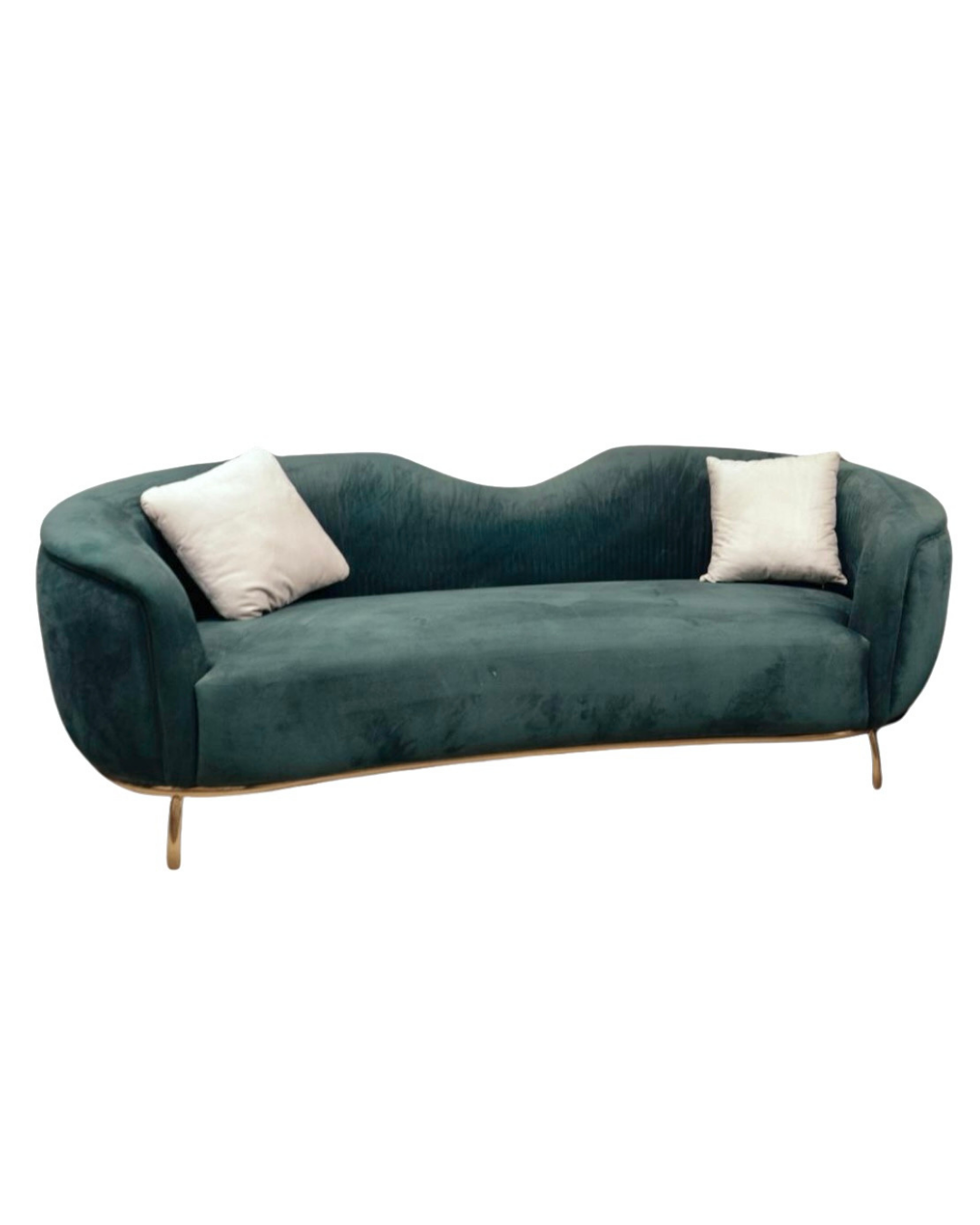 Luxury Serene curved teal velvet sofa with gold metal base and accent pillows by Mahogni furniture.
