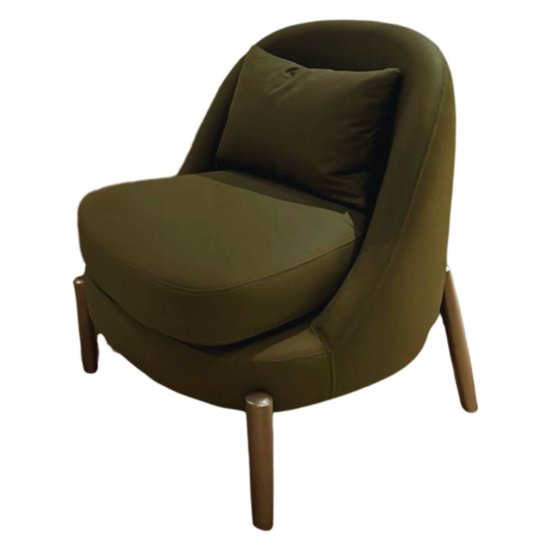 Olive green velvet armchair with ergonomic curved backrest and solid wooden legs for modern living room decor.