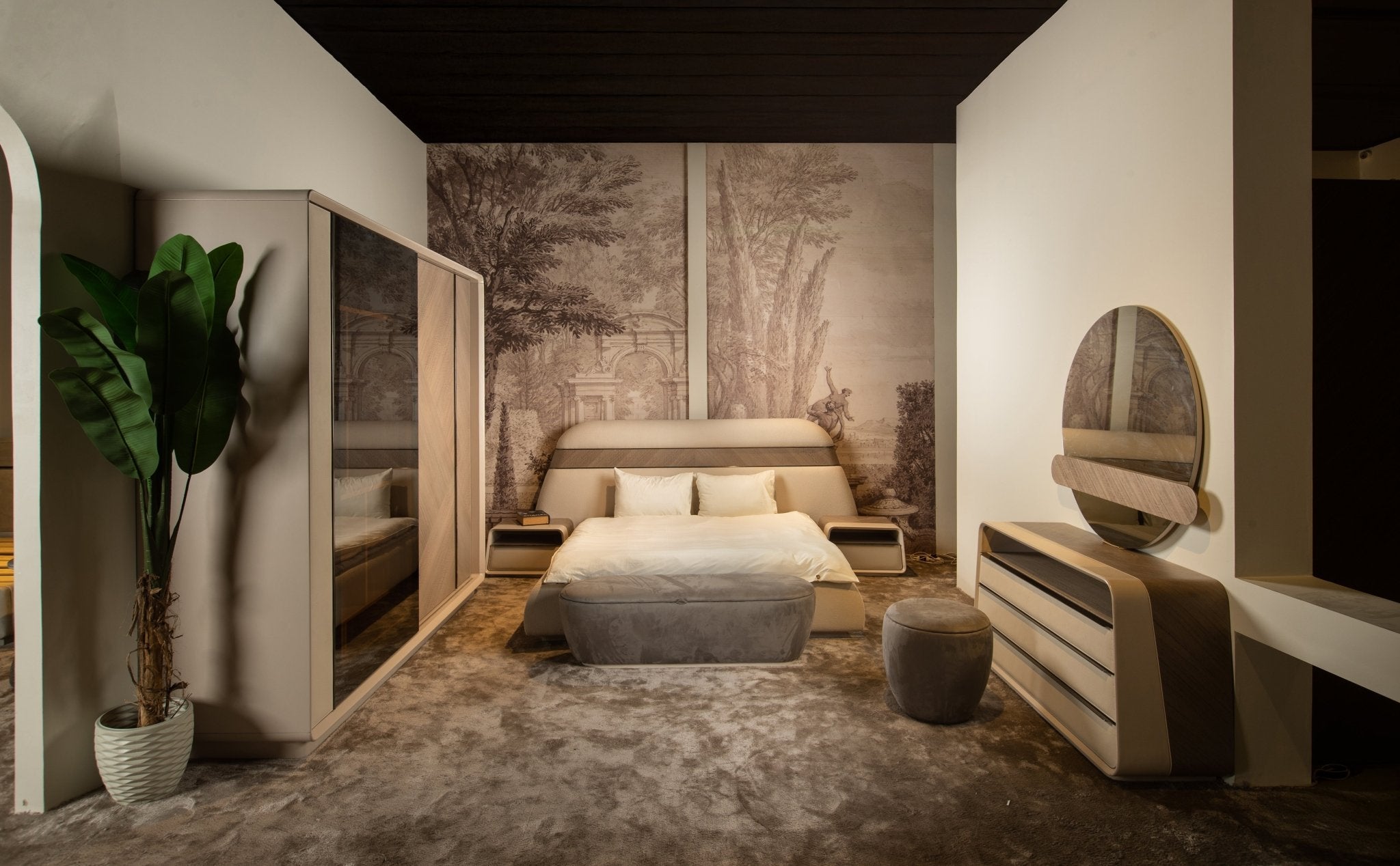 Modern REVIT Bedroom Set with Curved Upholstered Headboard and Sliding Door Wardrobe - Mahogni Furniture 